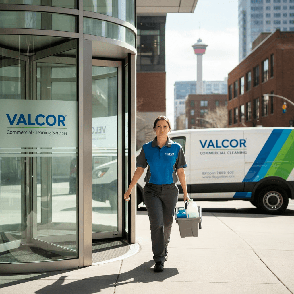Uniformed female cleaner carrying supplies walks out of a building next to a branded Valcor van.