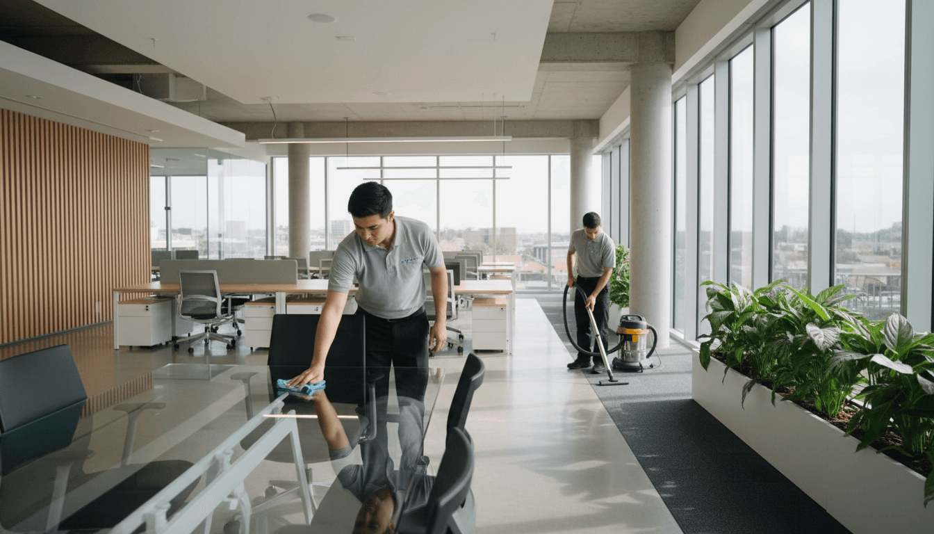 Professional commercial cleaning team cleaning a modern office space
