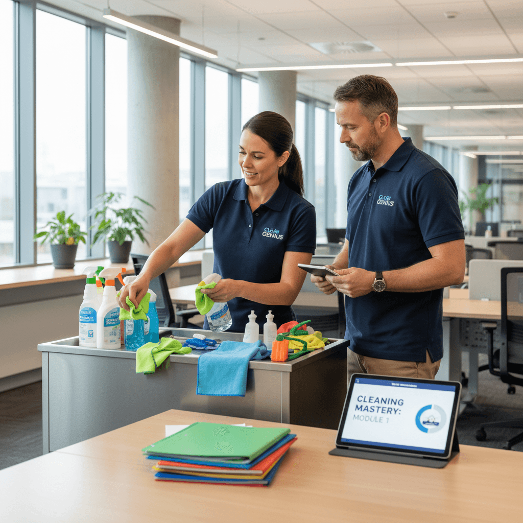 VELCOR Commercial Cleaning franchisee receiving hands-on training from an experienced team member