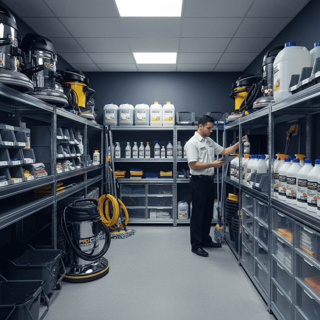 VELCOR Commercial Cleaning franchise equipment and supplier inventory properly organized and maintained